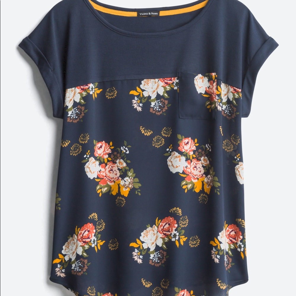 Navy Mixed Material Top